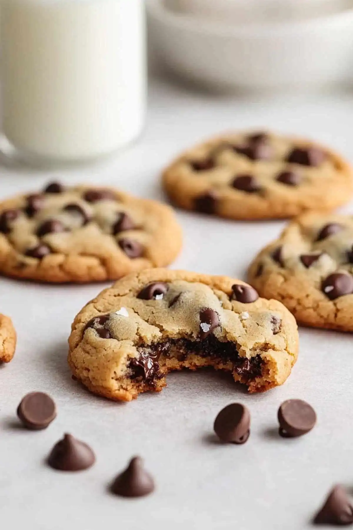 Close-up of a gluten-free dairy-free chocolate chip cookie with a gooey center and a bite taken out, surrounded by whole cookies and chocolate chips