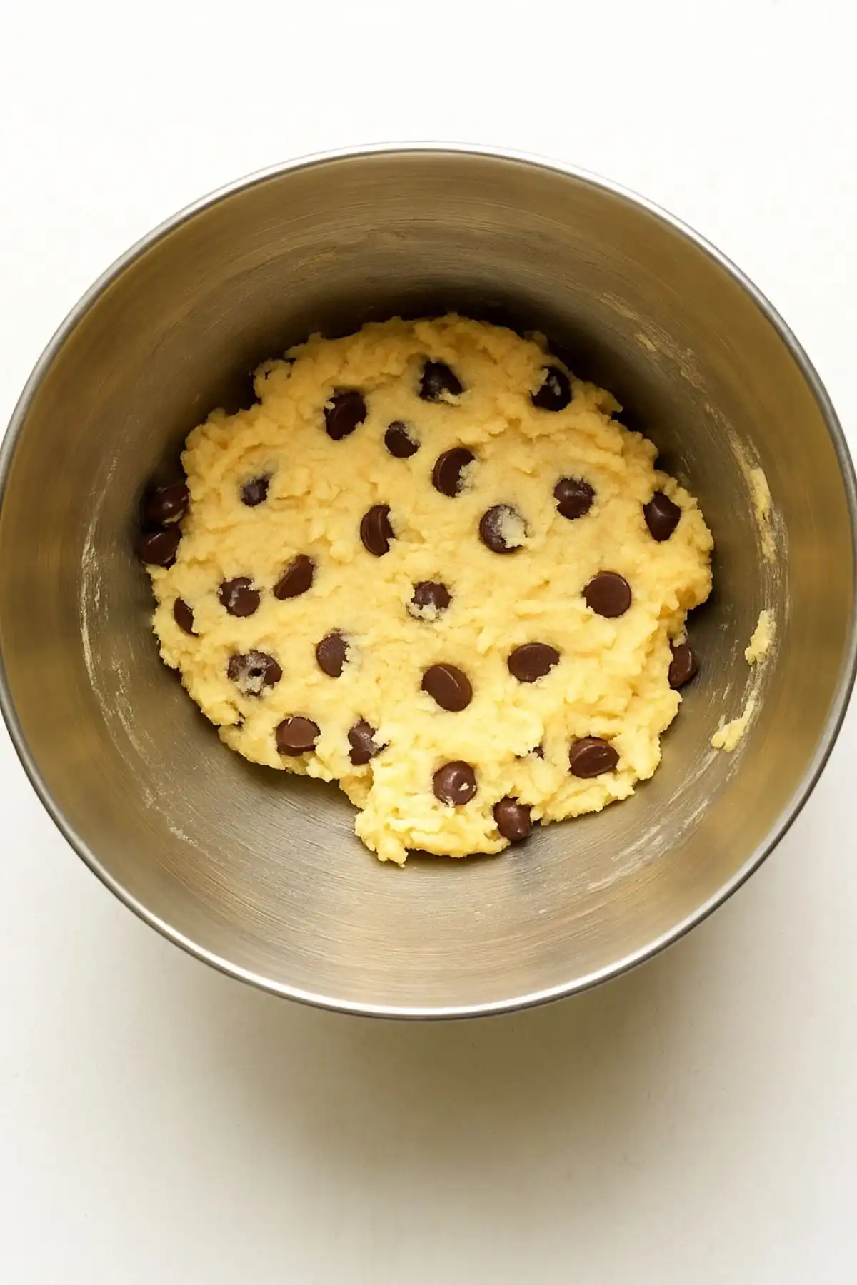 Dairy-free chocolate chips mixed into soft gluten-free cookie dough in a stainless steel bowl