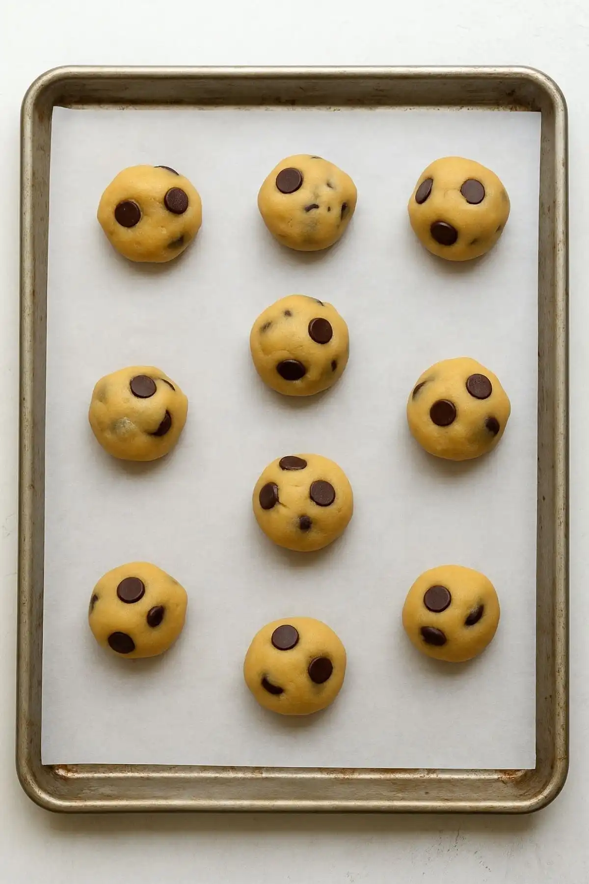 Rows of chocolate chip cookie dough balls spaced on a parchment-lined baking sheet, ready to bake
