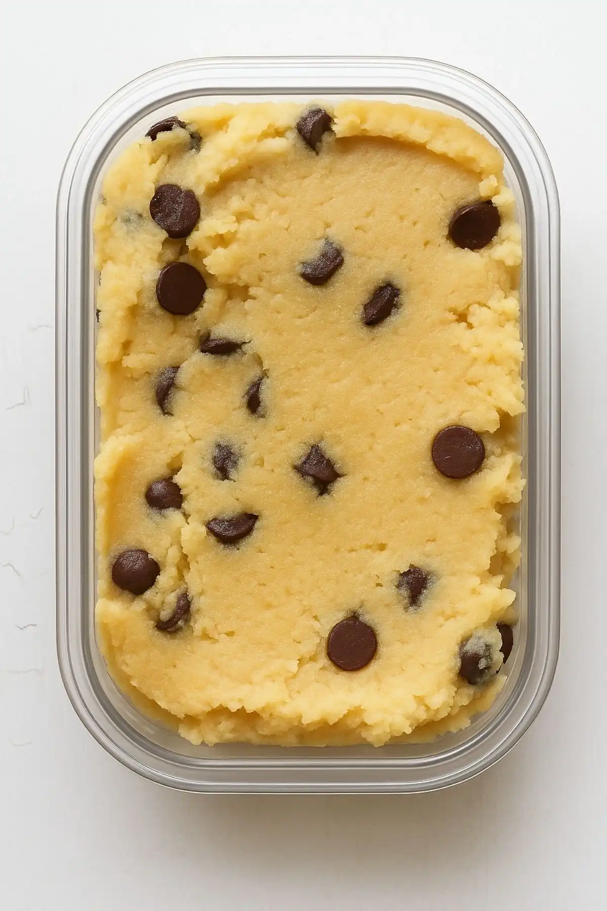 Gluten-free chocolate chip cookie dough packed into a clear airtight container on a white background