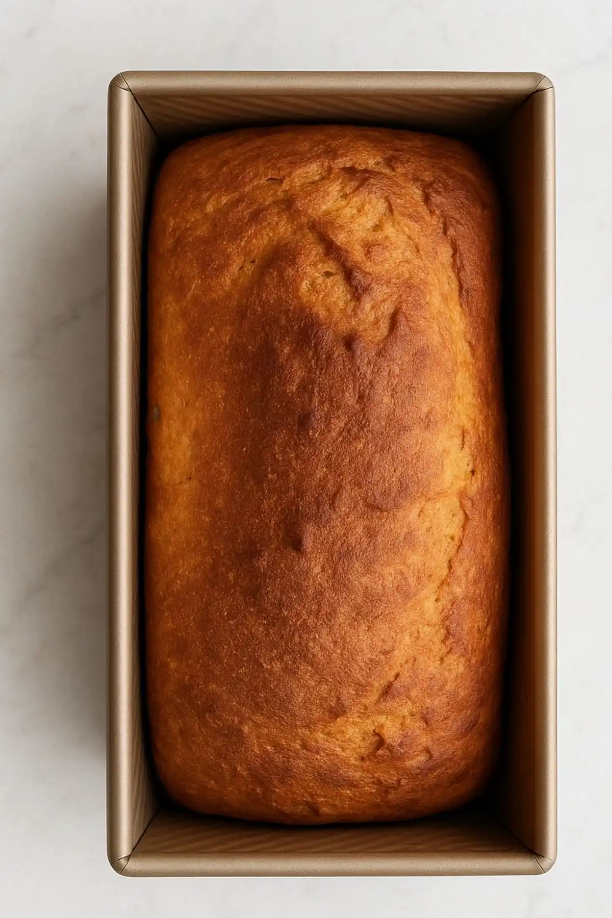 Baked loaf of golden brown gluten free sugar free bread in pan after baking.