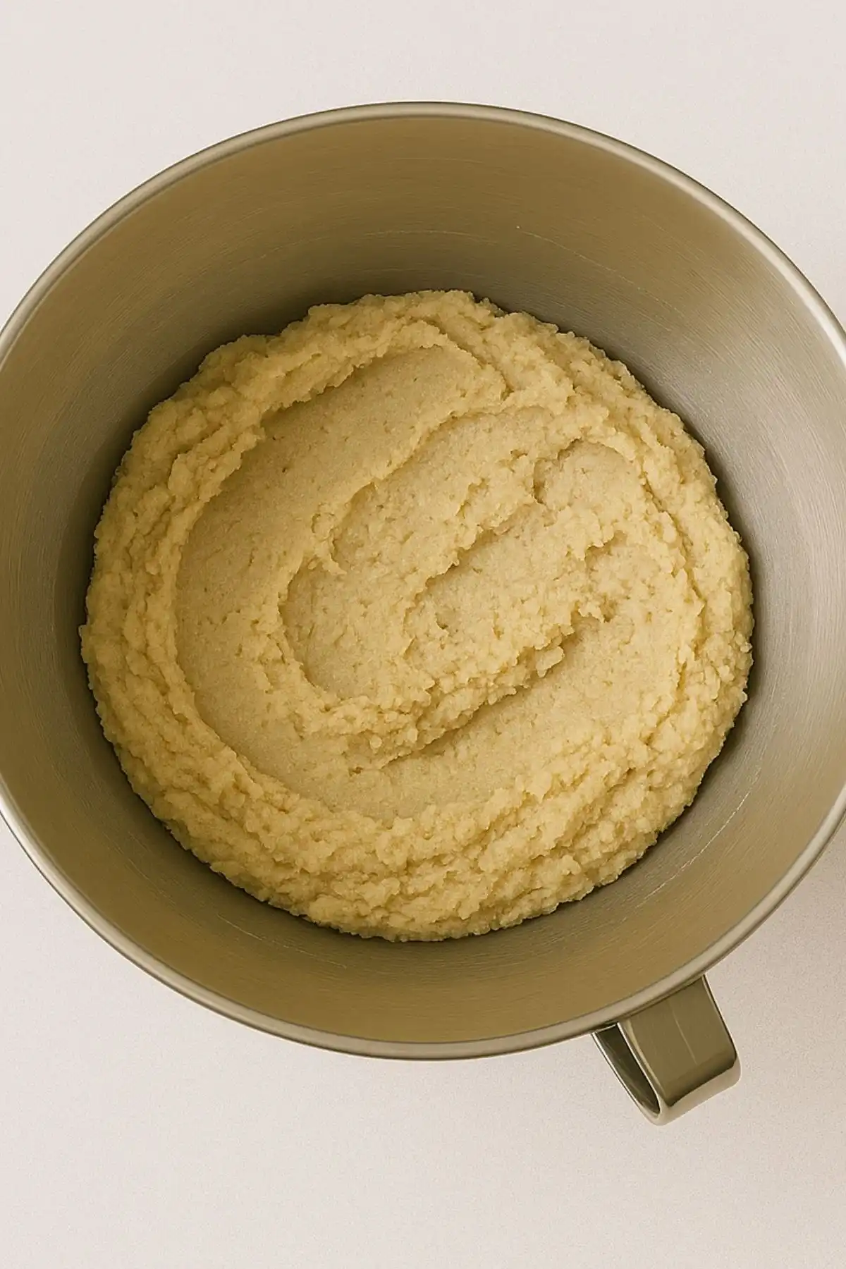Thick cookie dough in a stainless steel bowl after combining almond flour, coconut flour, and baking soda