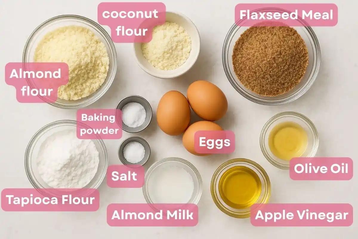 Overhead view of labeled gluten free sugar free bread ingredients including almond flour, flaxseed, coconut flour, eggs, almond milk, and olive oil.