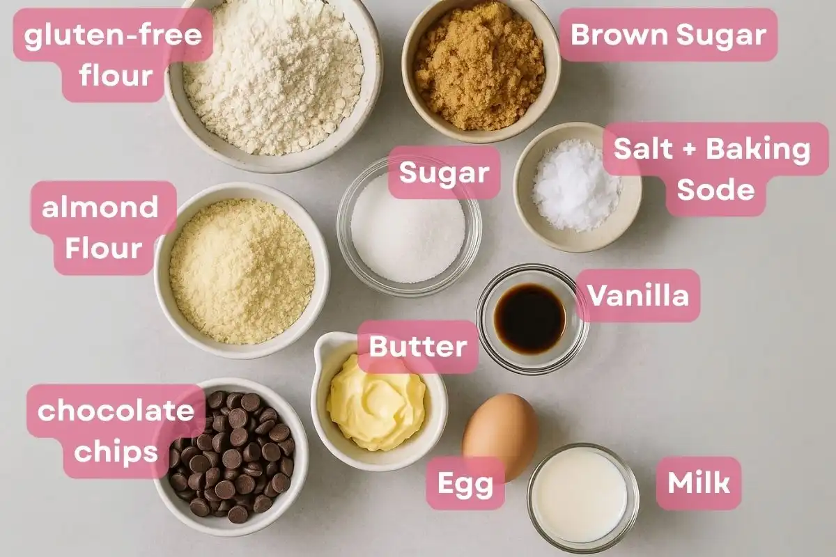 Assorted labeled baking ingredients for chocolate chip cookies on a light surface, including gluten-free flour, almond flour, sugars, and more