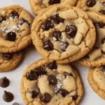 Freshly baked gluten and dairy free chocolate chip cookies stacked on a white background with melted chocolate chips and sea salt flakes
