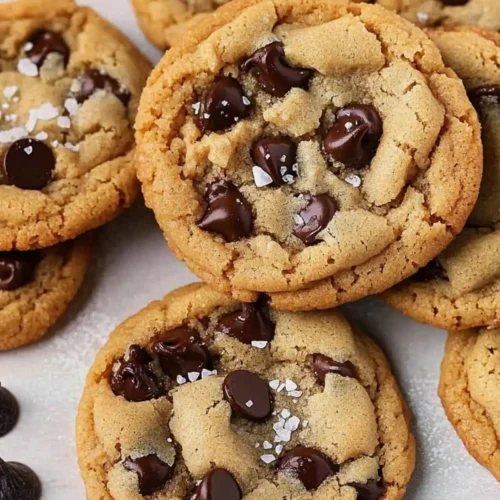 Gluten and dairy free chocolate chip cookies topped with sea salt on a white background.