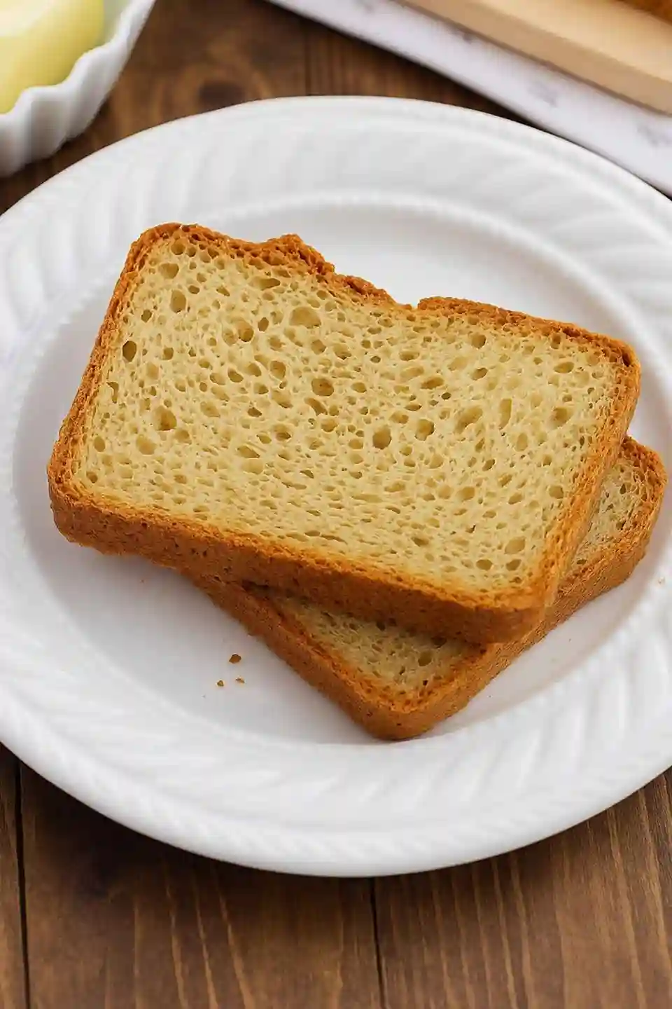 Two slices of golden-brown gluten-free and sugar-free bread served on a white ceramic plate